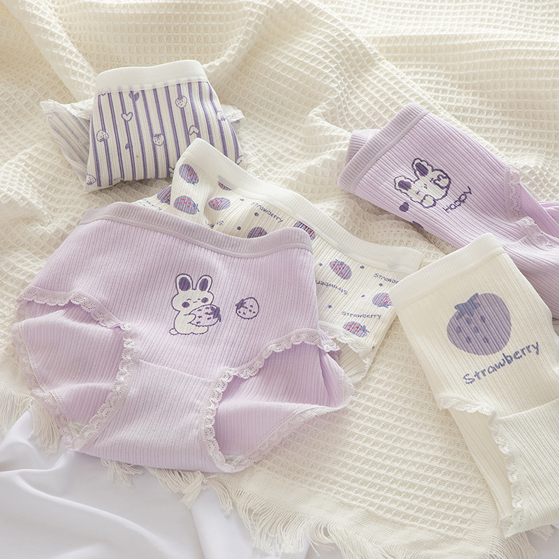 Tingweiya Japanese-style cute purple girl cartoon rabbit threaded cotton strawberry girl student mid-waist underwear for girls Specification image