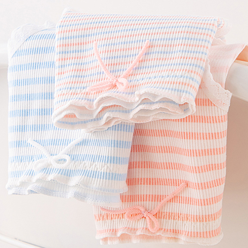 Girls' striped Morandi color black fungus lace mid-waist waist and buttocks skin-friendly cotton underpants with bottom legs, student pants Specification image
