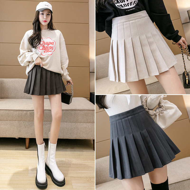 Woolen short skirt, pleated skirt, women's autumn and winter new style, small high-waisted Korean-style A-line skirt, slimming, large plaid half skirt
