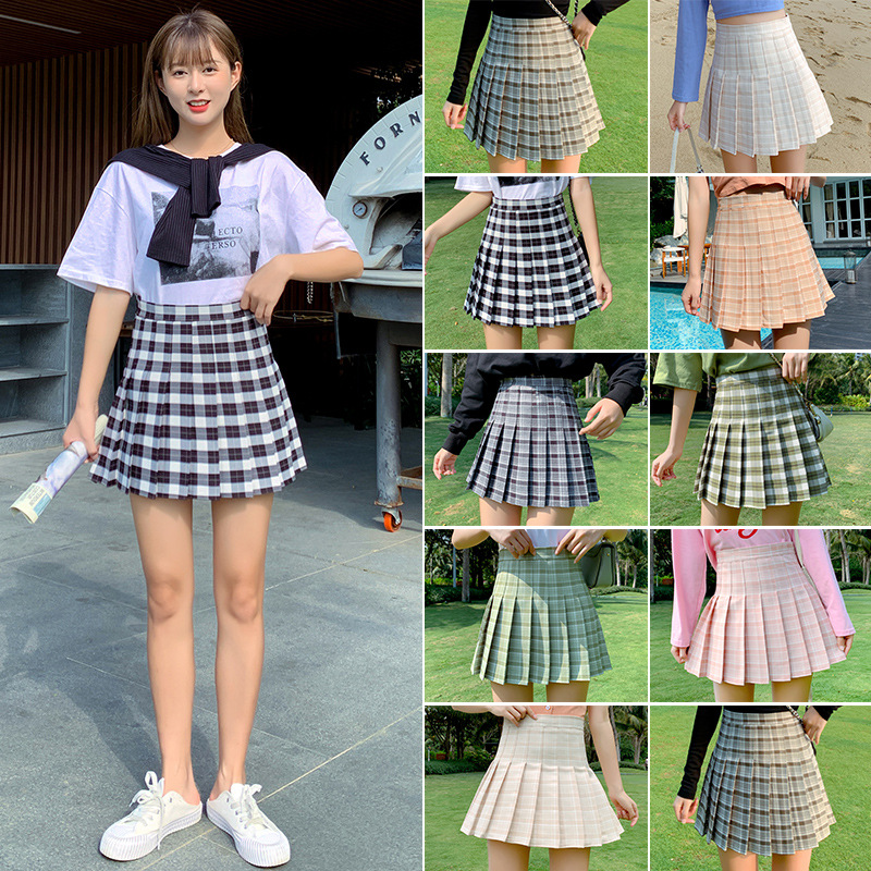 半身裙女夏季2021新款韩版高腰显瘦百搭防走光a字格子百褶裙短裙