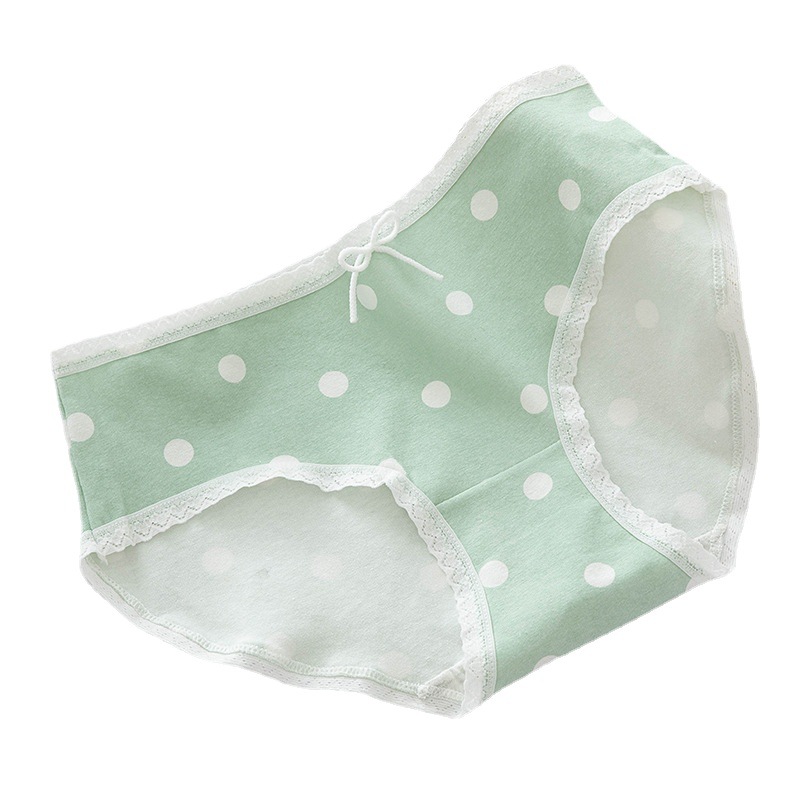Japanese-style fresh and light polka dot print milkshake green girl underwear for women, pure cotton crotch mid-waist student briefs Item Picture