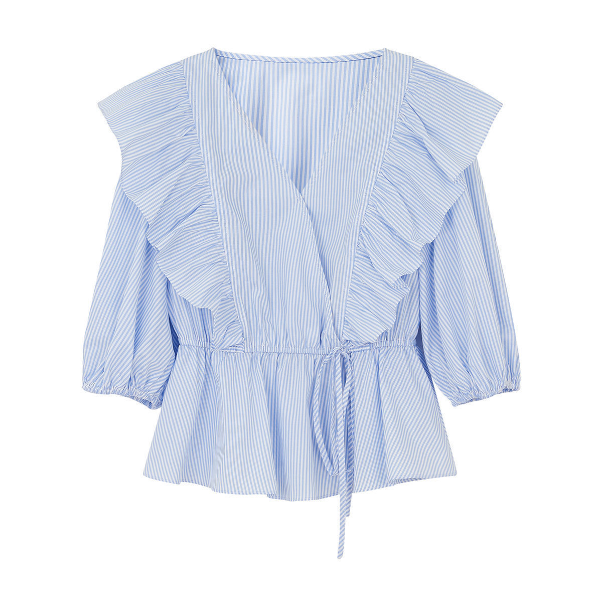 Blue sweet striped ruffled top 2022 Spring/Summer new Korean-style short-sleeved V-neck shirt, elegant and feminine Application Scenario