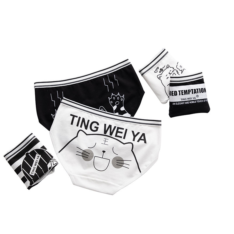 Tingweiya's simple black and white cute cartoon underwear, women's mid-waist waist and hip breathable underwear, women's all-cotton crotch Item Picture