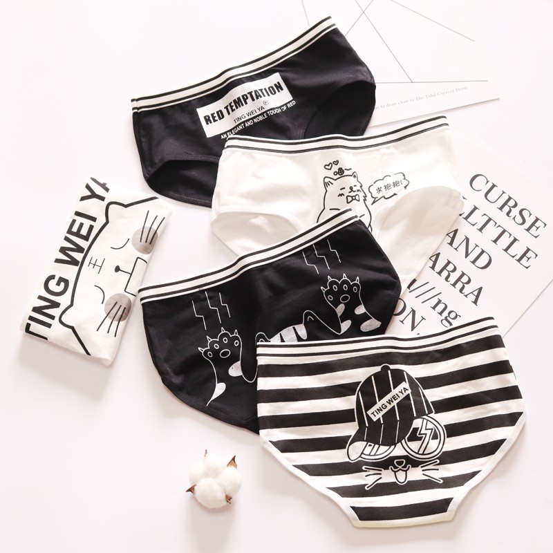 Tingweiya's simple black and white cute cartoon underwear, women's mid-waist waist and hip breathable underwear, women's all-cotton crotch