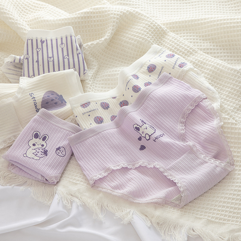 Tingweiya Japanese-style cute purple girl cartoon rabbit threaded cotton strawberry girl student mid-waist underwear for girls details Picture