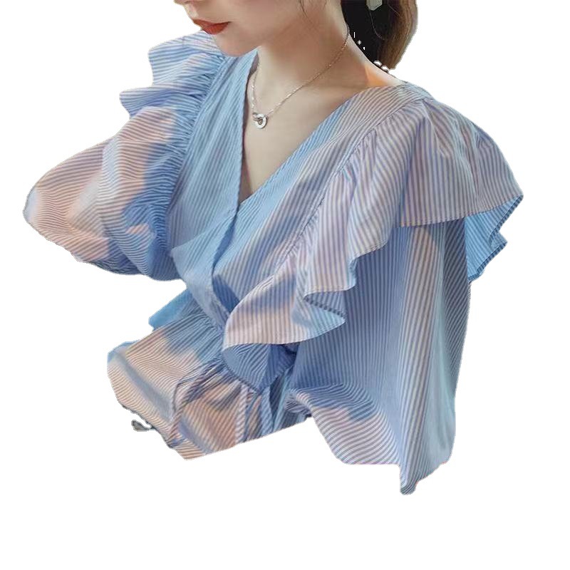 Blue sweet striped ruffled top 2022 Spring/Summer new Korean-style short-sleeved V-neck shirt, elegant and feminine Item Picture