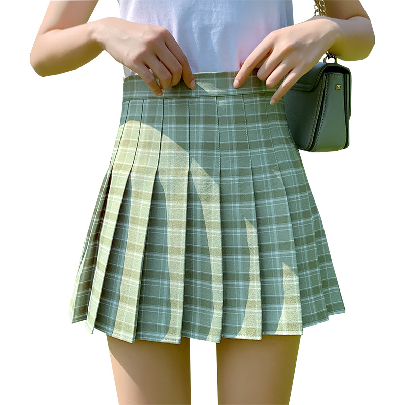 2021 New Korean-style high-waisted, slimming, versatile and anti-glare A-line checkered pleated skirt short skirt for women Item Picture