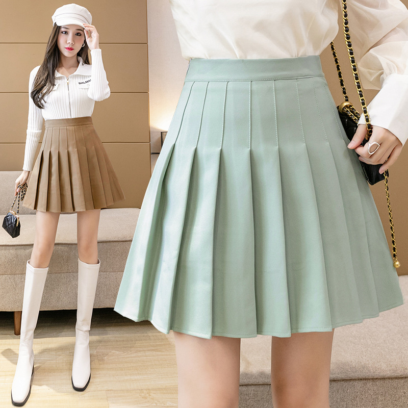 New anti-wrinkle khaki extended black, white and green skirt for women in autumn and winter, high-waisted A-line plum-size short skirt details Picture
