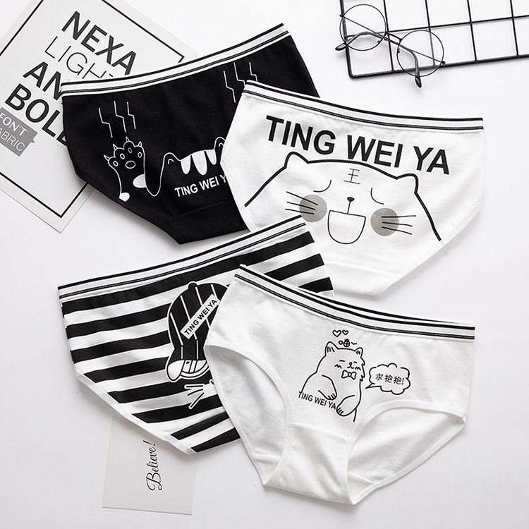 Tingweiya's simple black and white cute cartoon underwear, women's mid-waist waist and hip breathable underwear, women's all-cotton crotch details Picture