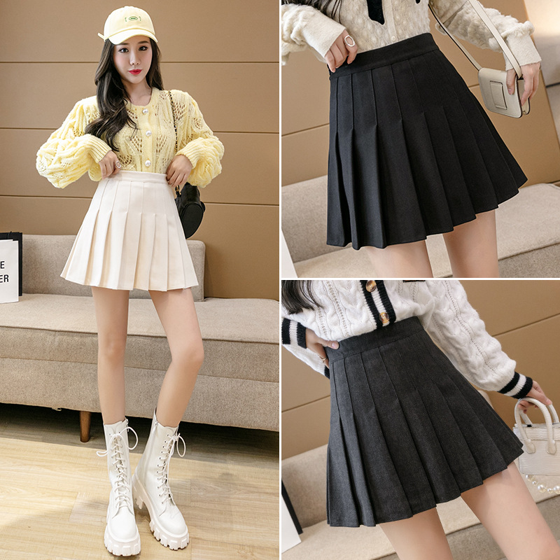 Woolen short skirt, pleated skirt, women's autumn and winter new checkered black high-waisted Korean A-line skirt, slimming plate-sized half skirt Application Scenario