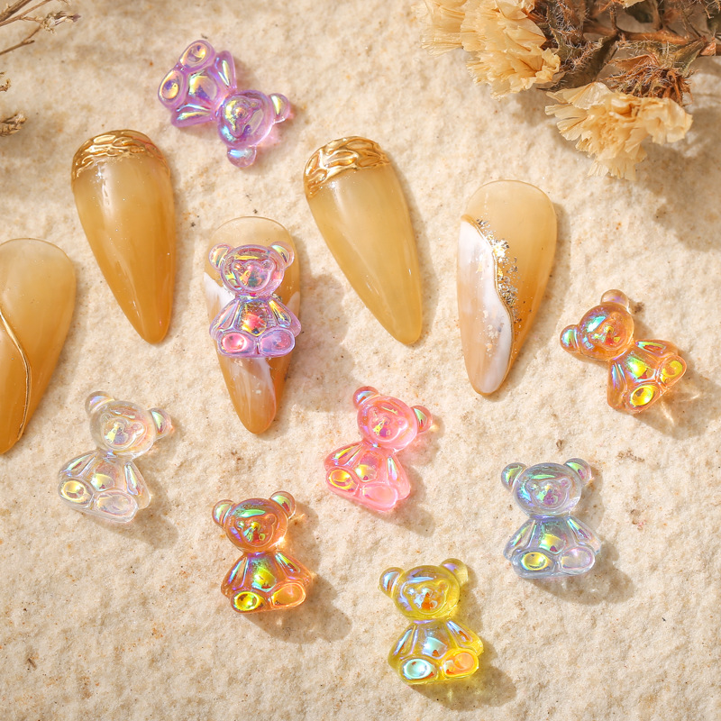 22新款美甲极光小熊幻彩透明AB镀彩立体中号凸嘴镭射树脂指甲饰品