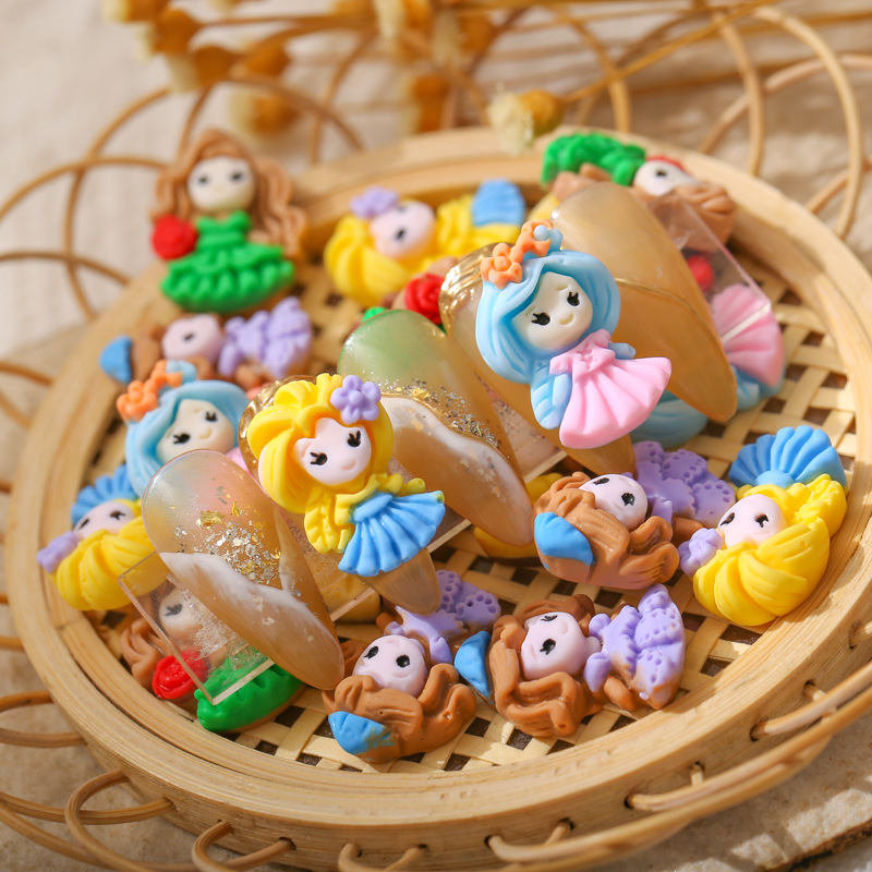 美甲公主卡通diy公仔小女孩彩色彩绘立体长发裙子童话树脂饰品钻