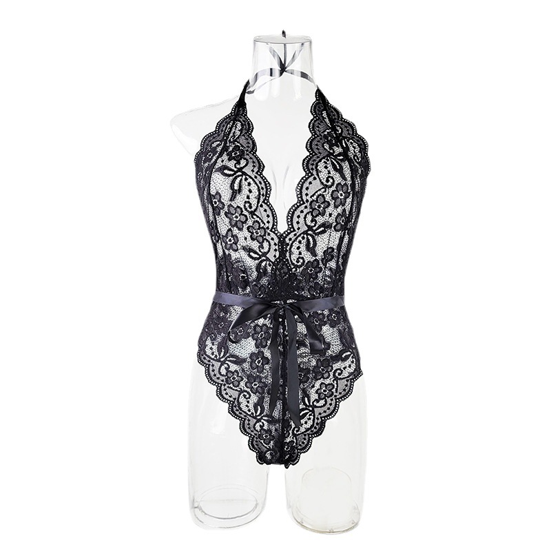 Cross-border in-stock wholesale sexy and alluring deep v lace backless one-piece dress for women in pajamas, thin style with cutout, 183 Item Picture
