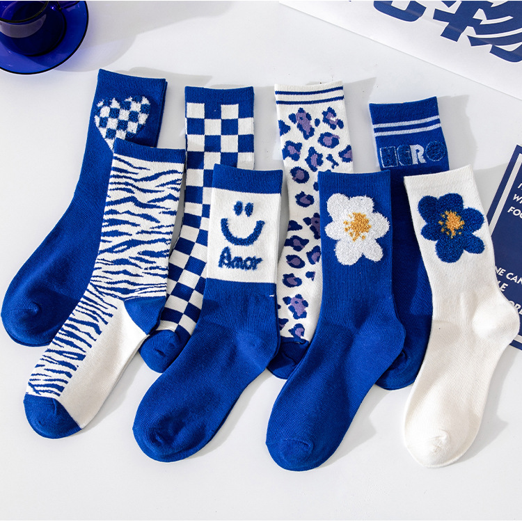 Crane blue socks tube socks men and women blue letters smiley face plain cotton socks sport socks