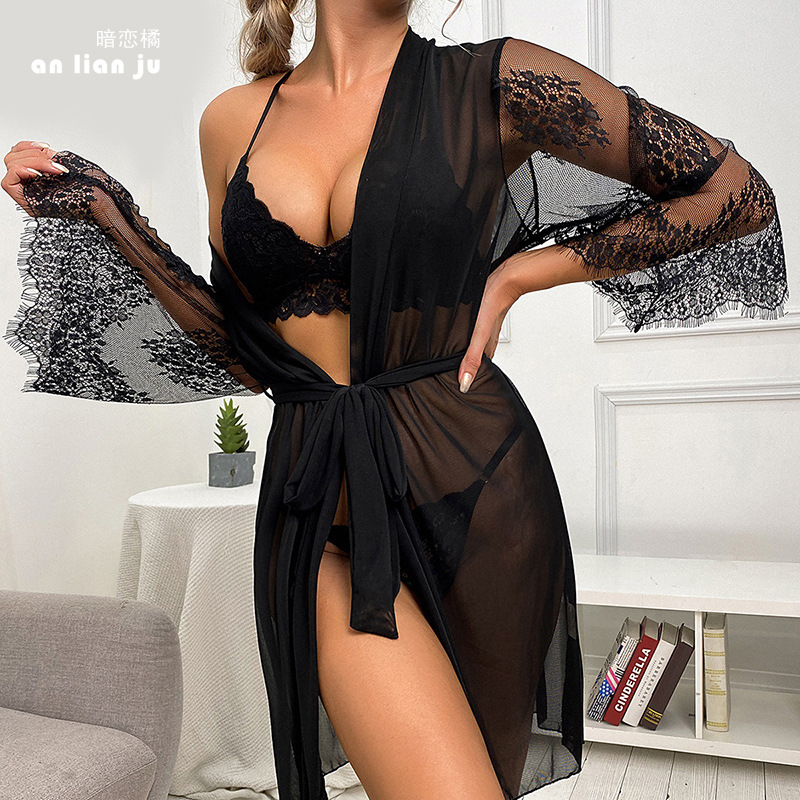 Spring and Summer foreign trade pure linen bathrobe, large size lace-up outer robe, two-piece bathrobe, home wear set, consignment 300