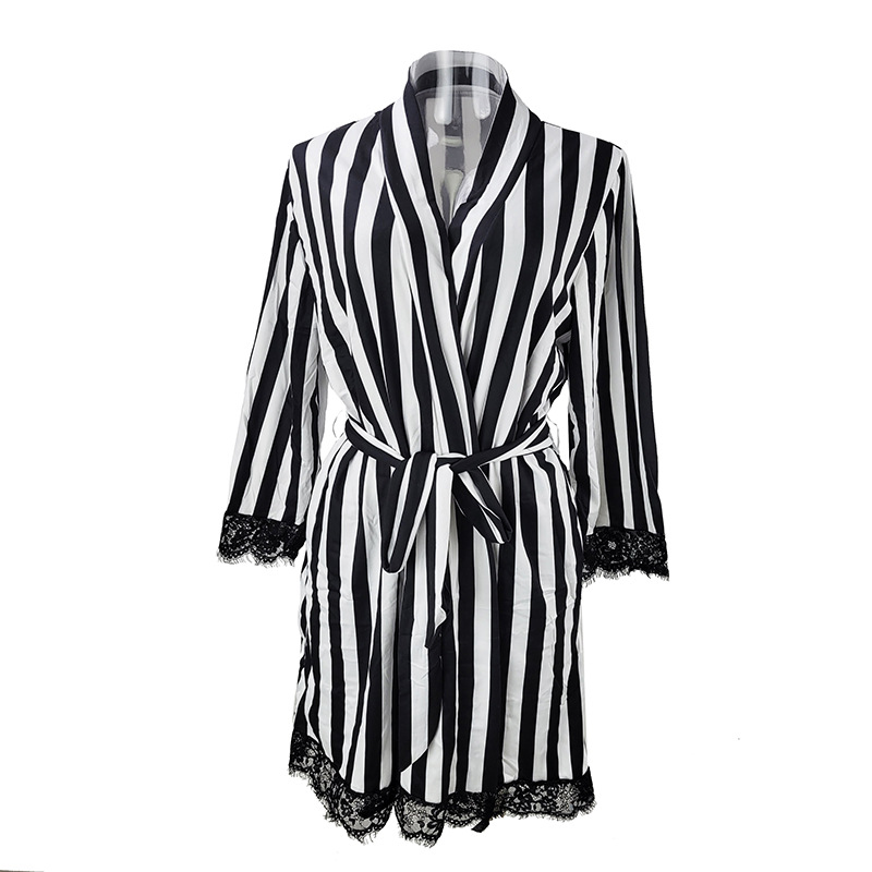 Cross-border trade Spring/Summer Black and white striped outerwear, bathrobe, sexy lace bathrobe, underwear, home four-piece set 24 Specification image