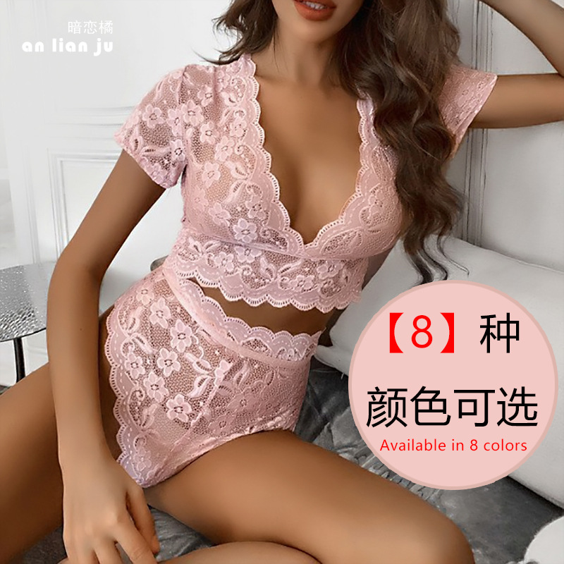 亚马逊外贸情趣性感内衣蕾丝花纹拼接文胸t裤两件套装八色可选112