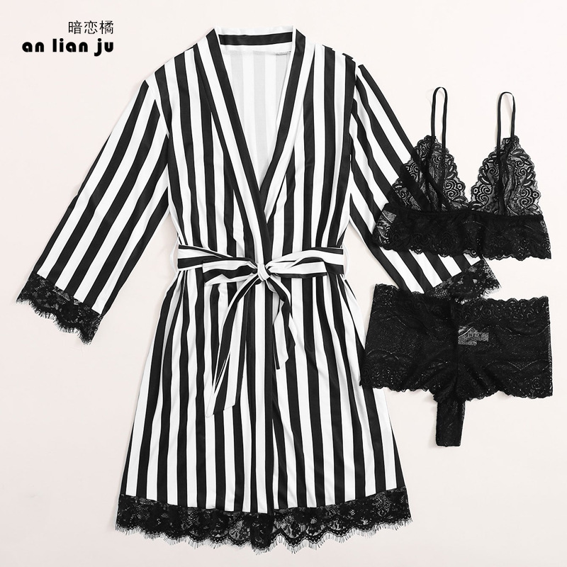 Cross-border trade Spring/Summer Black and white striped outerwear, bathrobe, sexy lace bathrobe, underwear, home four-piece set 24