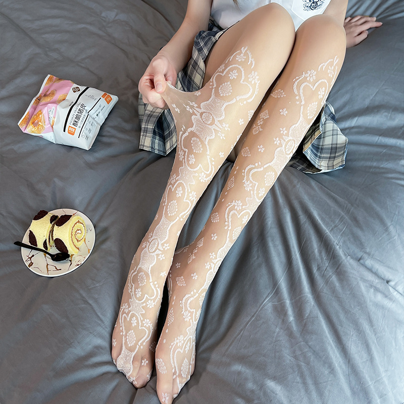 S365 Summer Day sweet Lolita pantyhose with milk white patchwork jacquard over-the-knee pantyhose for women