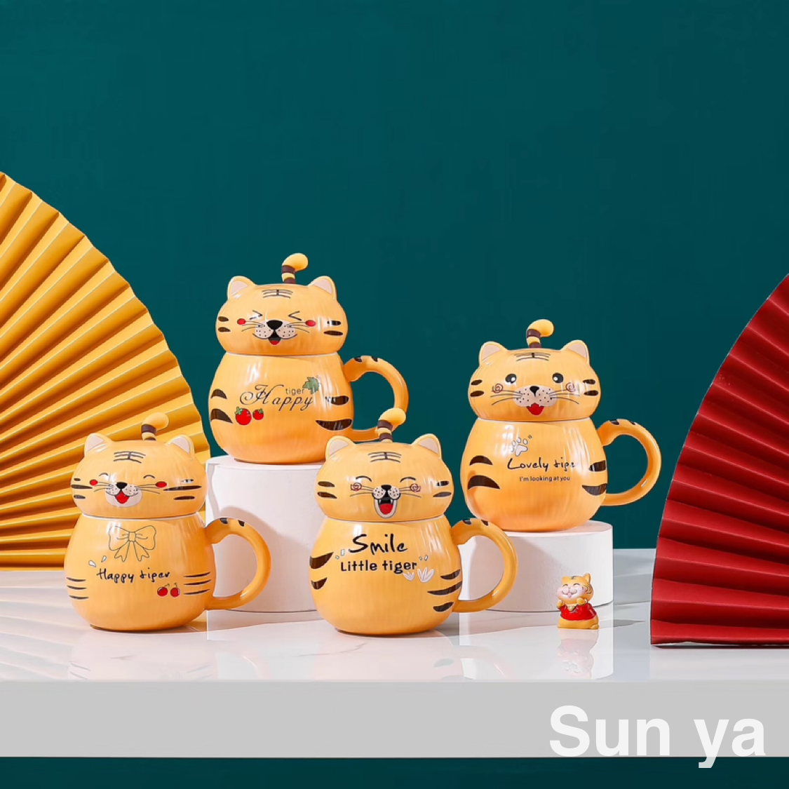 Hot selling cartoon tiger ceramic mug with lid and spoon Cute mug office coffee mug thumbnail