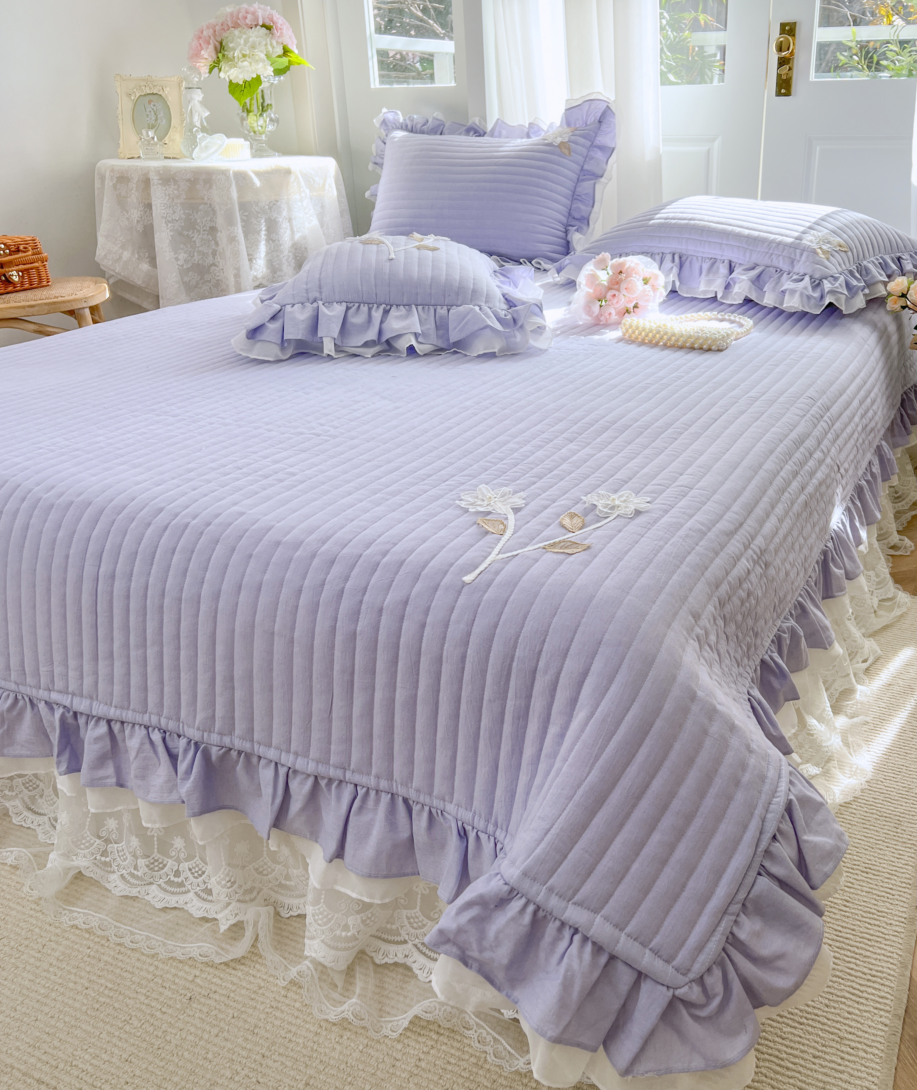 2022 Korean Style INS princess-style cotton quilted bed cover Single Piece Pure Cotton lotus Leaf Lace all-cotton bed sheet Three-piece set Specification image