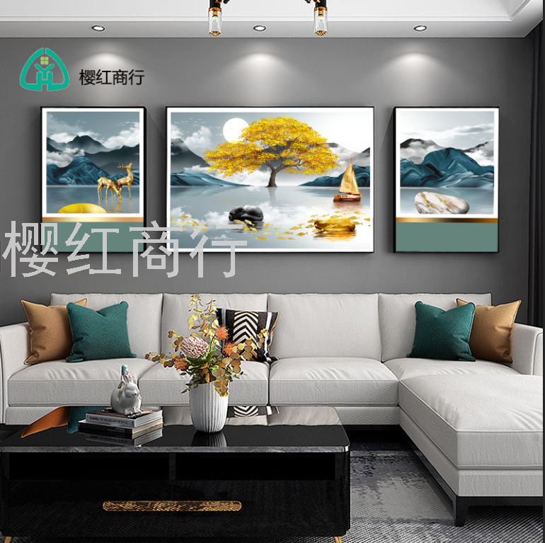 Diamond crystal porcelain painting modern simple hanging painting background hotel wall painting light luxury triptych murals living room decoration painting thumbnail