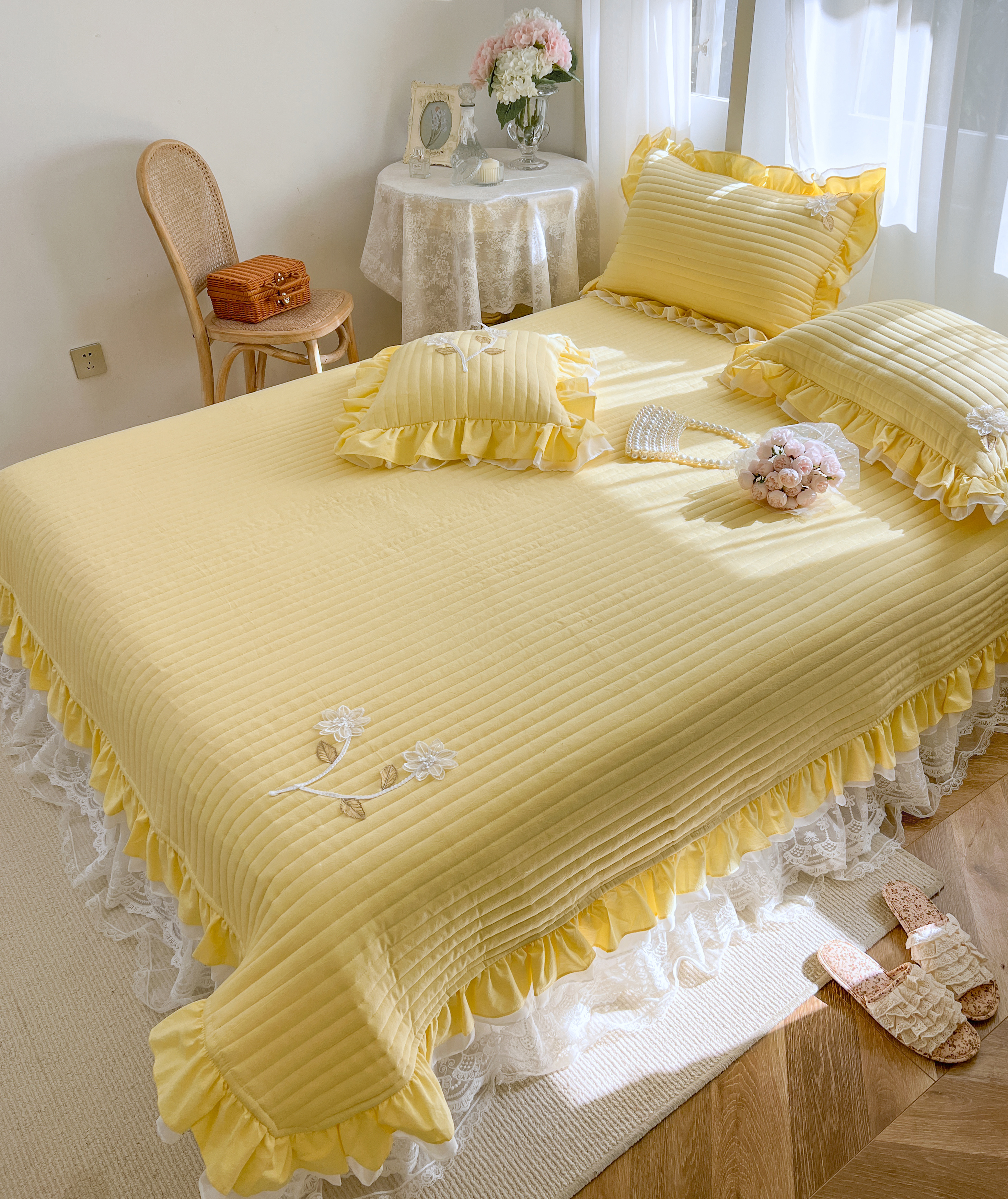 2022 Korean Style INS princess-style cotton quilted bed cover Single Piece Pure Cotton lotus Leaf Lace all-cotton bed sheet Three-piece set Application Scenario