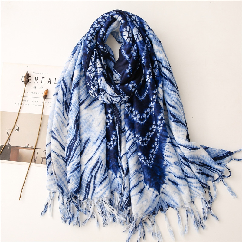 New Style Tie Dye Color Blue And White Porcelain Series Cotton And Linen Scarf Sen Female Travel Shawls Literary Accessories details Picture