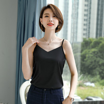 Spring and summer V-neck imitation mulberry silk blouse elegant inside with satin halter vest women's new base shirt