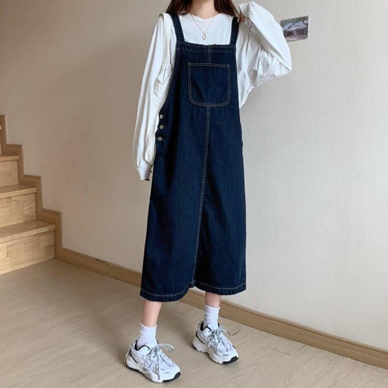 Denim strappy dress for petite women, 2022 new style, stylish and youthful long dress for students, school style dress details Picture