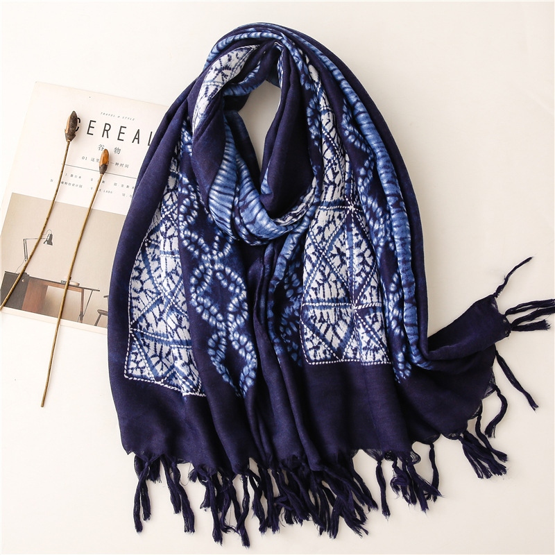 New Style Tie Dye Color Blue And White Porcelain Series Cotton And Linen Scarf Sen Female Travel Shawls Literary Accessories Specification drawing