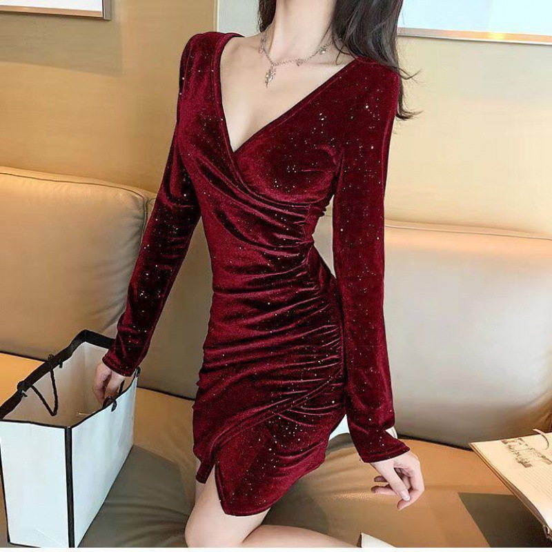 Velvet long-sleeved dress 2022 Spring and Autumn Korean style new trendy, sexy and slimming nightclub women's dress sequined hip-hugging dress Application Scenario
