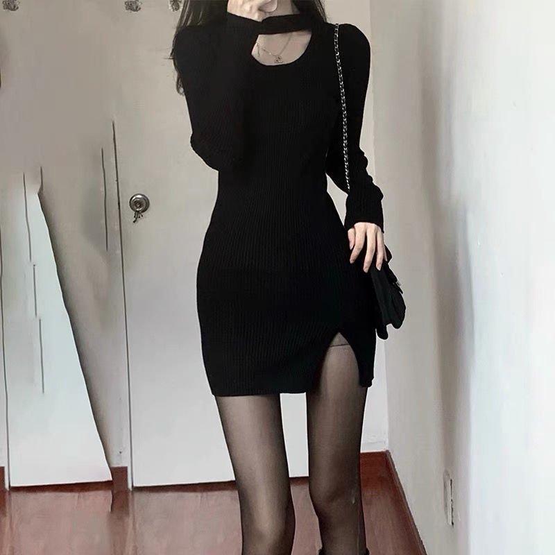 A French pure sensual and sexy black knitted dress with a slit for women's autumn and winter design. It's a unique and trendy dress for hot girls to wear