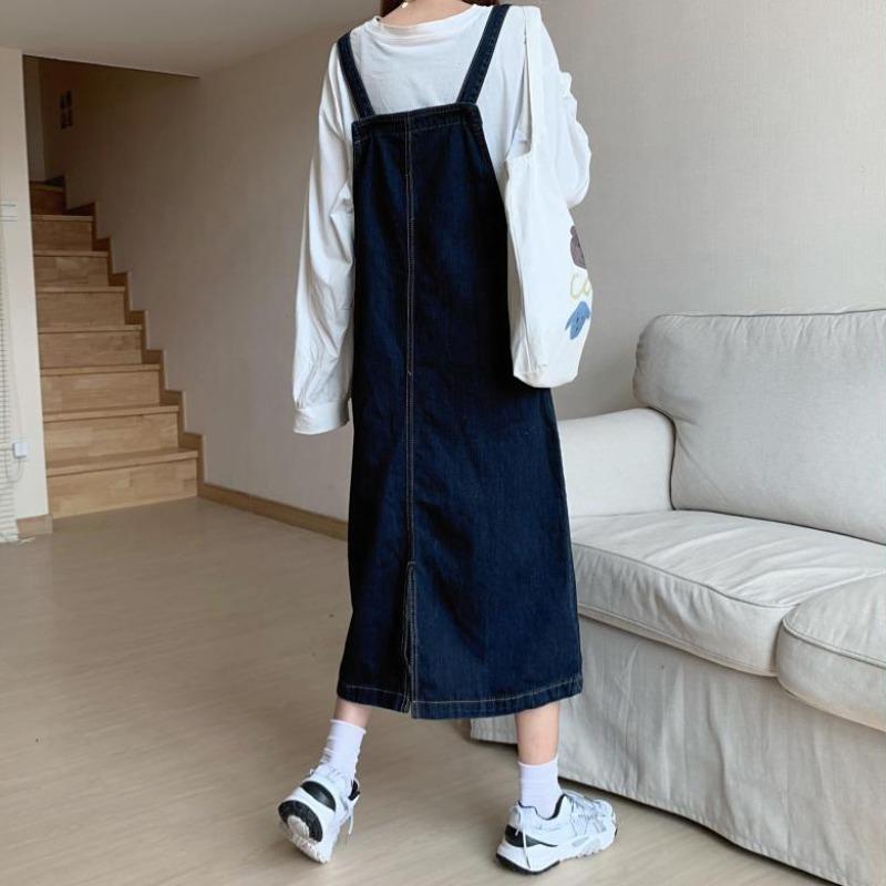 Denim strappy dress for petite women, 2022 new style, stylish and youthful long dress for students, school style dress Specification image