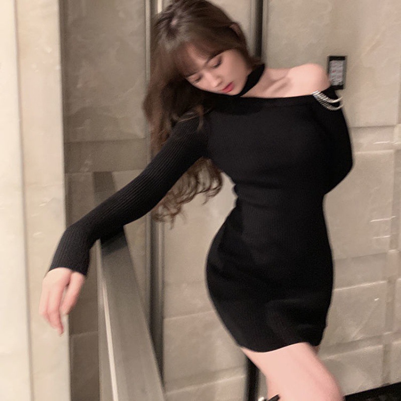 French socialite halter, off-the-shoulder, long-sleeved knitted dress for women's autumn and winter, a new style, slimming and youthful short skirt Application Scenario