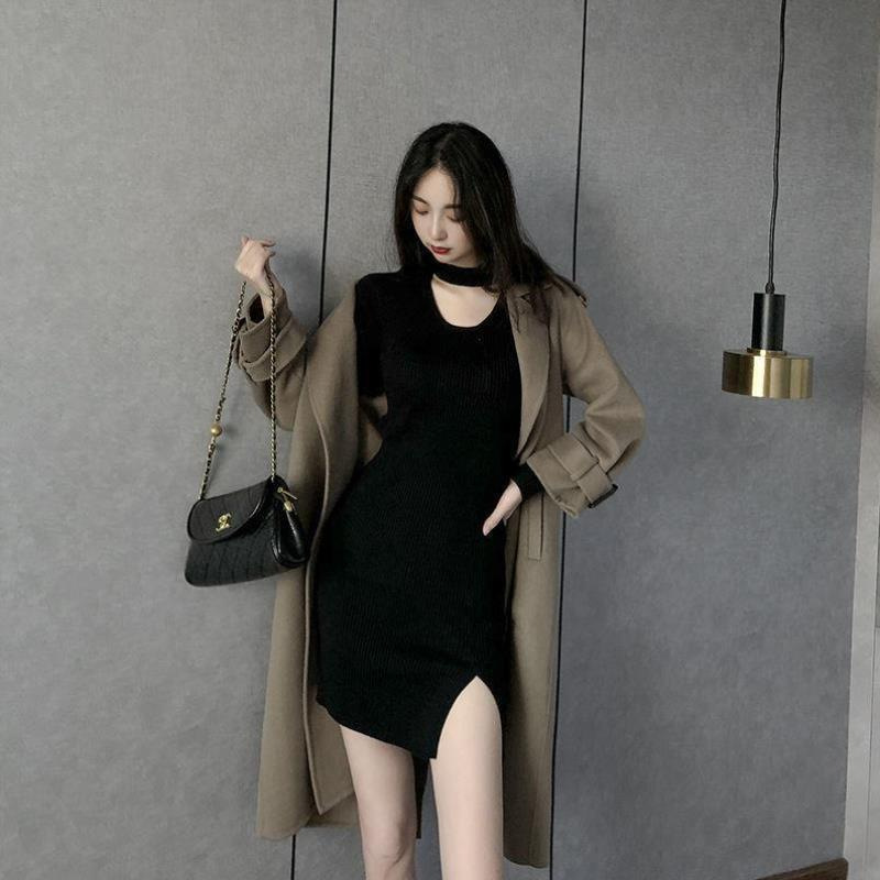A French pure sensual and sexy black knitted dress with a slit for women's autumn and winter design. It's a unique and trendy dress for hot girls to wear Specification image