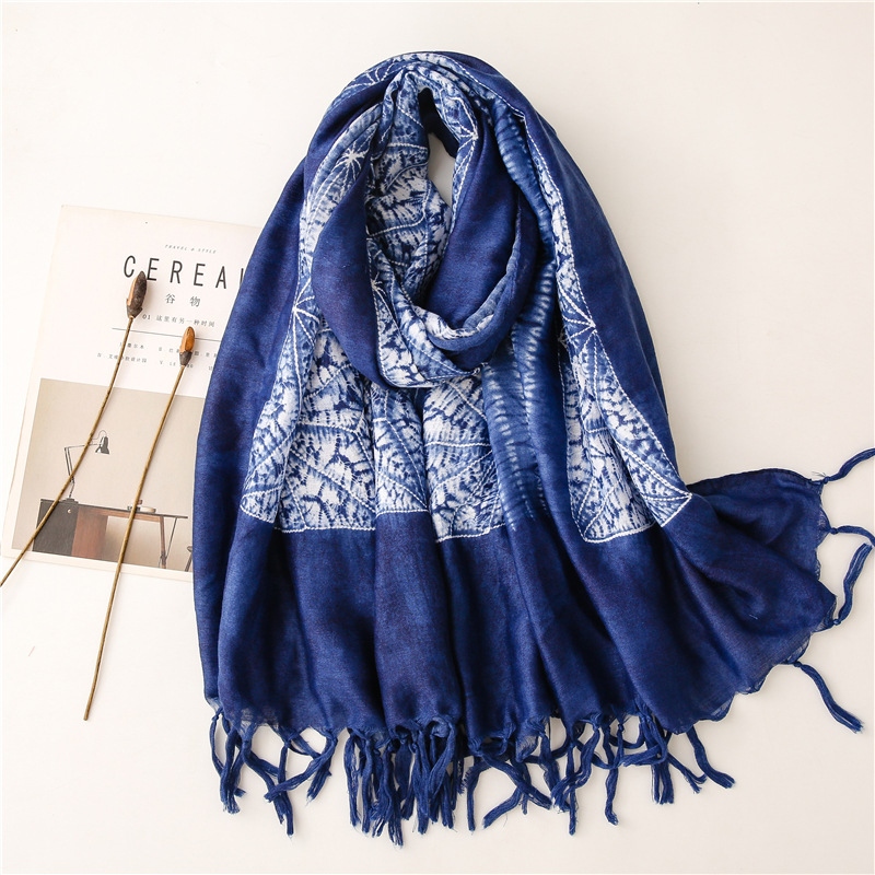New Style Tie Dye Color Blue And White Porcelain Series Cotton And Linen Scarf Sen Female Travel Shawls Literary Accessories Item Picture