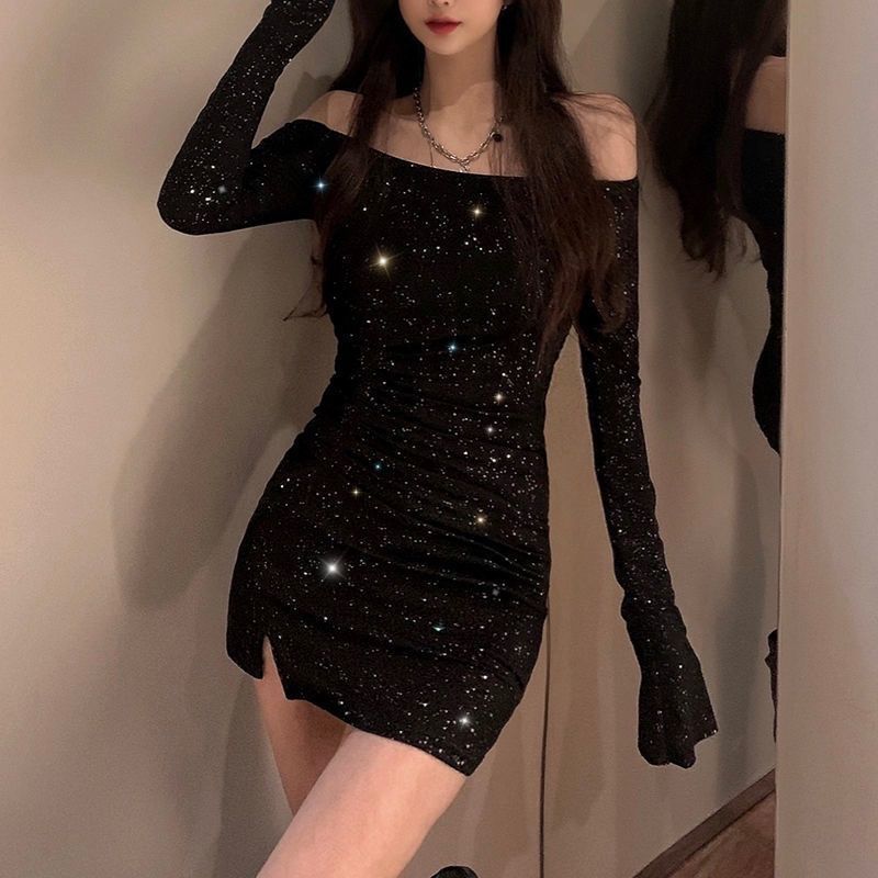 One-shoulder dress, women's slimming diamond-encrusted long-sleeved irregular body-hugging short skirt, 2022 new style black dress for early autumn Application Scenario