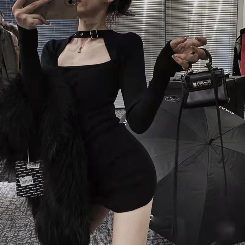 Black halter-neck, form-fitting and elegant dress for women in autumn. Petite, sexy and hot girl. Long-sleeved, waist-cinching, slit and hip-hugging dress