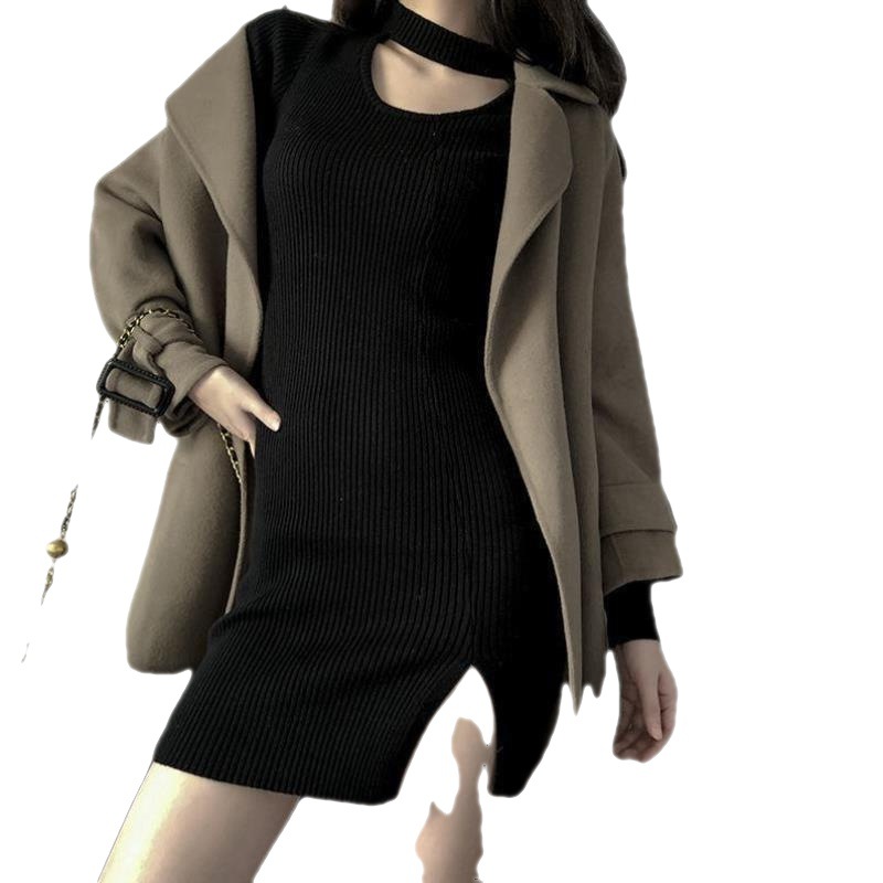 A French pure sensual and sexy black knitted dress with a slit for women's autumn and winter design. It's a unique and trendy dress for hot girls to wear Item Picture