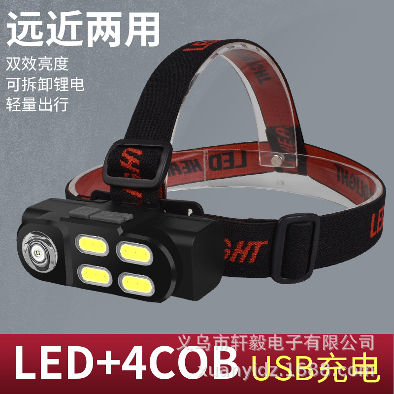 跨境新款XPE+COB头灯 USB充电塑料LED强光头灯 夜跑露营钓鱼头灯