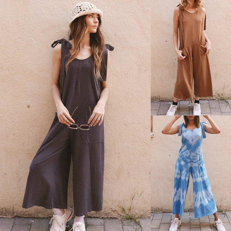 Amazon European and American halter jumpsuit Women's 2022 Summer new cross-border solid color wide-leg casual jumpsuit