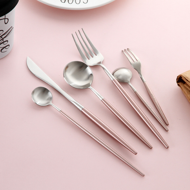 Source Factory Silver Stainless Steel Knife Fork Spoon Net Red Round Handle Western Food Knife Fork Spoon Chopsticks Table Gift Tableware Specification drawing
