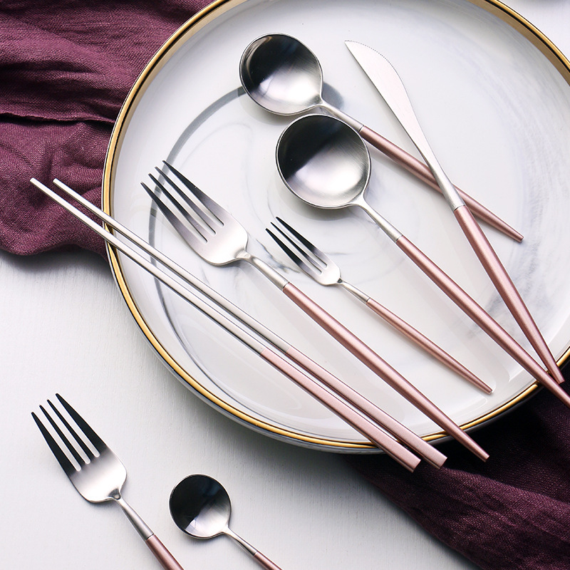 Source Factory Silver Stainless Steel Knife Fork Spoon Net Red Round Handle Western Food Knife Fork Spoon Chopsticks Table Gift Tableware