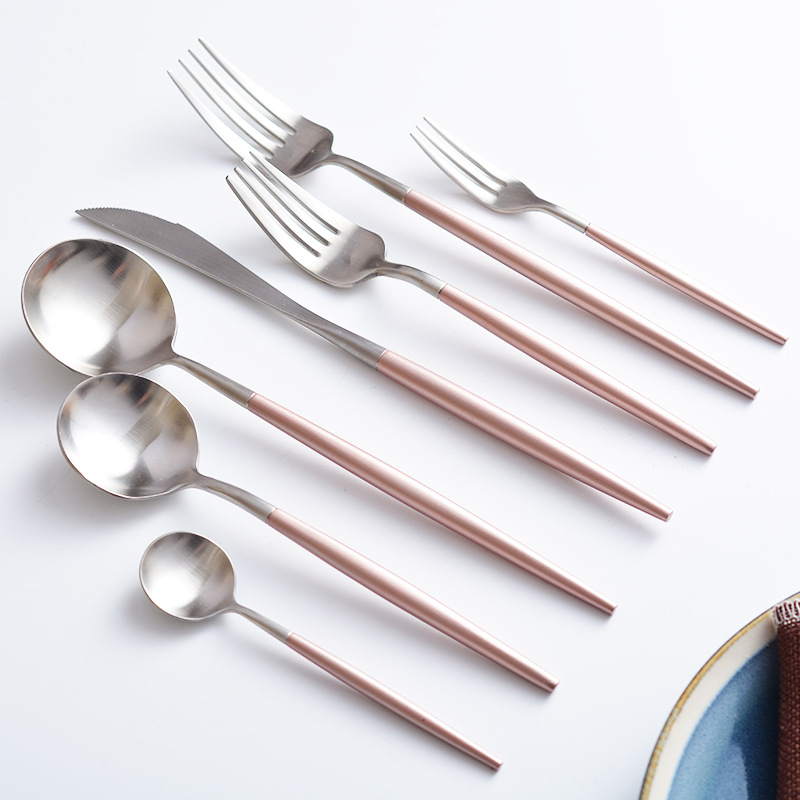Source Factory Silver Stainless Steel Knife Fork Spoon Net Red Round Handle Western Food Knife Fork Spoon Chopsticks Table Gift Tableware details Picture