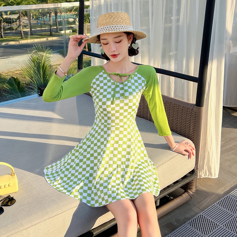 Long-sleeved swimsuit women's dress style one-piece conservative slimming Korean Instagram small chest gathering fashionable new 2022 swimming outfit Application Scenario
