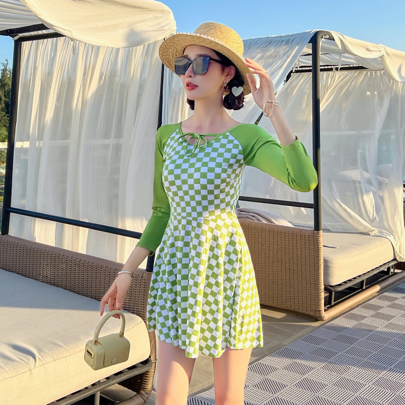Long-sleeved swimsuit women's dress style one-piece conservative slimming Korean Instagram small chest gathering fashionable new 2022 swimming outfit Item Picture
