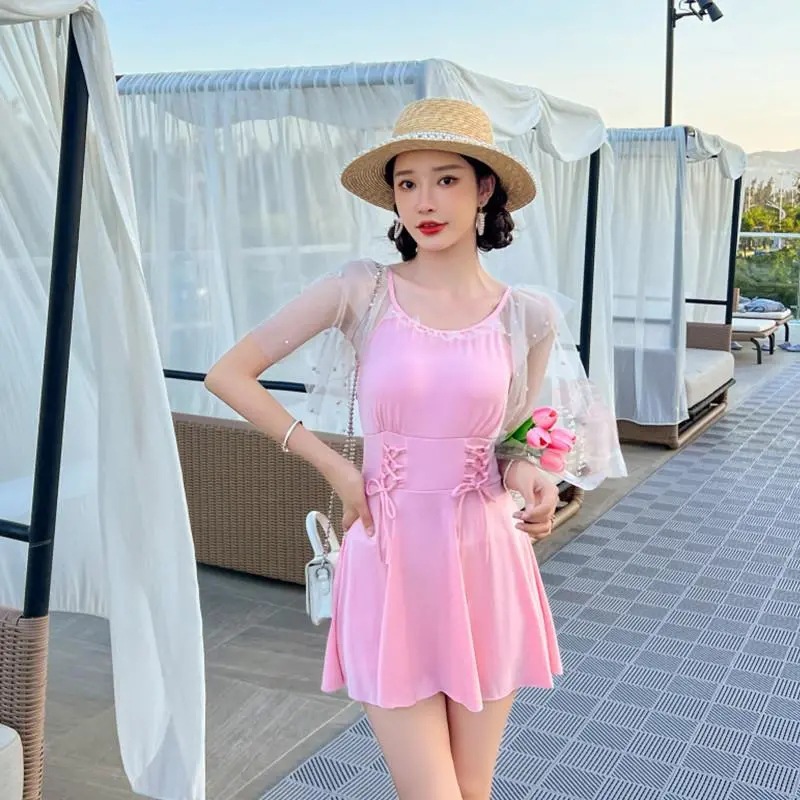 Swimsuit women's dress style one-piece conservative slimming Korean ins fairy style student small chest gathered pure desire hot spring swimsuit Item Picture
