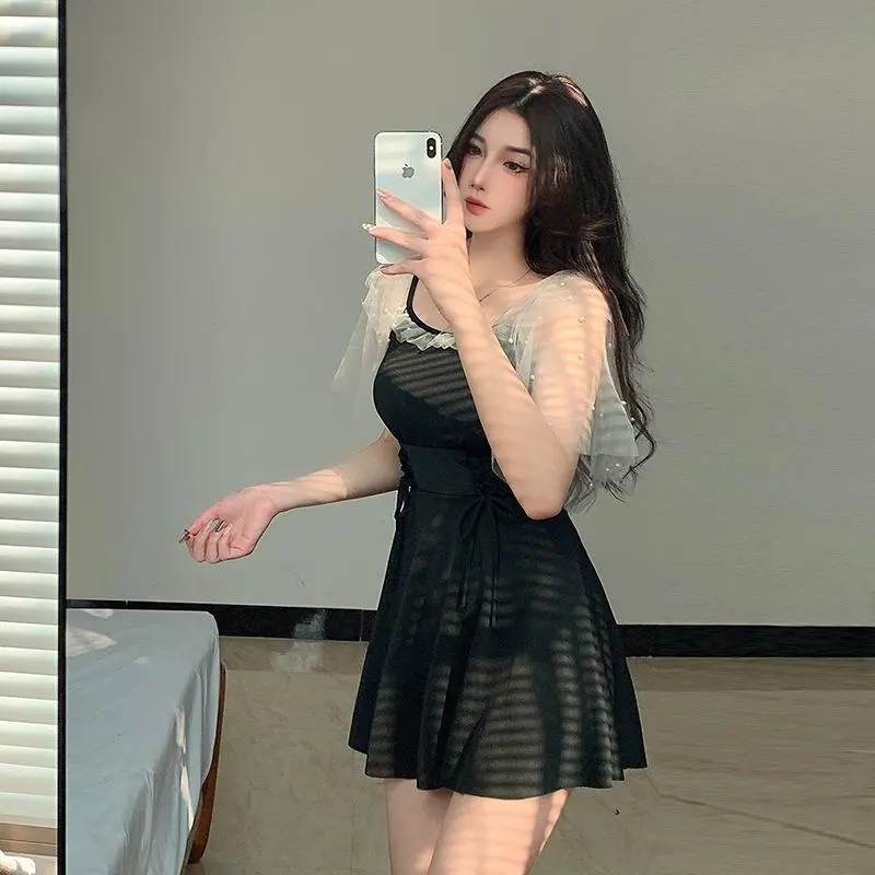 Swimsuit women's dress style one-piece conservative slimming Korean ins fairy style student small chest gathered pure desire hot spring swimsuit details Picture