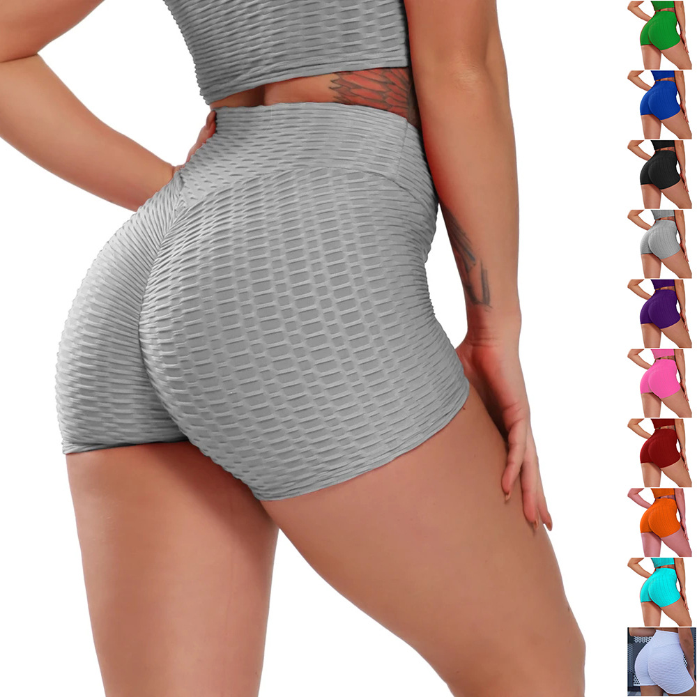 【 Amazon Leggings first-hand Supply 】 High-waisted, peach-buttocks solid color bubble wrap yoga and fitness shorts